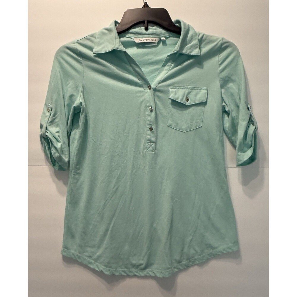 Emily Daniels Women's Light Blue Knit Collared Pullover Roll Tab Blouse S